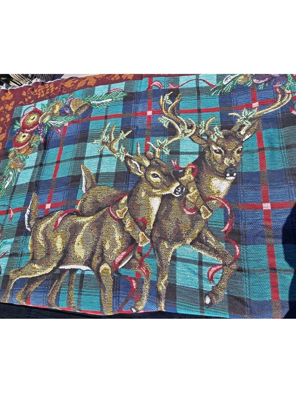 Vintage Christmas Reindeer Woven Tapestry Throw Blanket Plaid Cabin Fringe 67x54